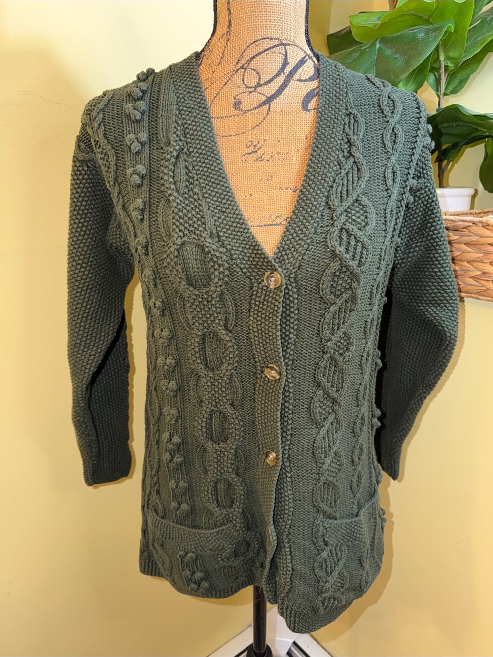 LL Bean Cotton Wool Olive Green Cable Knit V-Neck Button Cardigan XS
